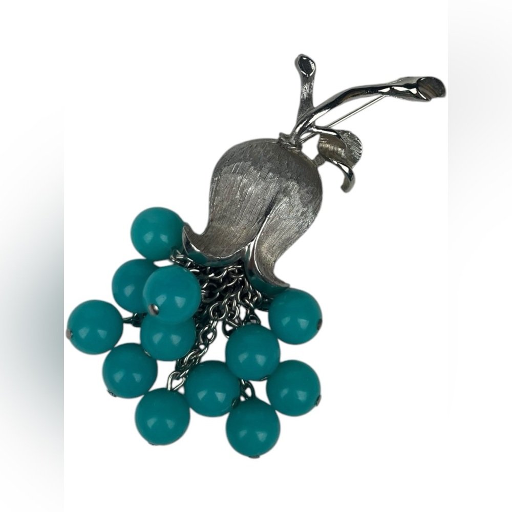 Vintage Silver Tone Aqua Blue Beads Cha Cha Dangle Flower Floral Rose Brooch Pin